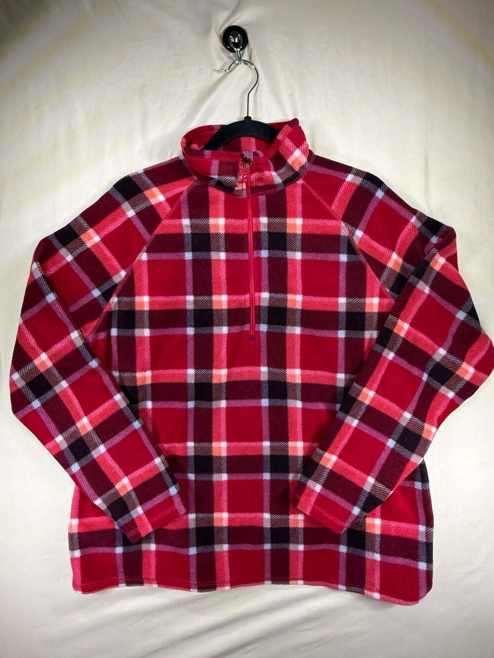 Eddie Bauer Fleece 1/4 Zip Pullover W Size XL Red Plaid Mock Neck